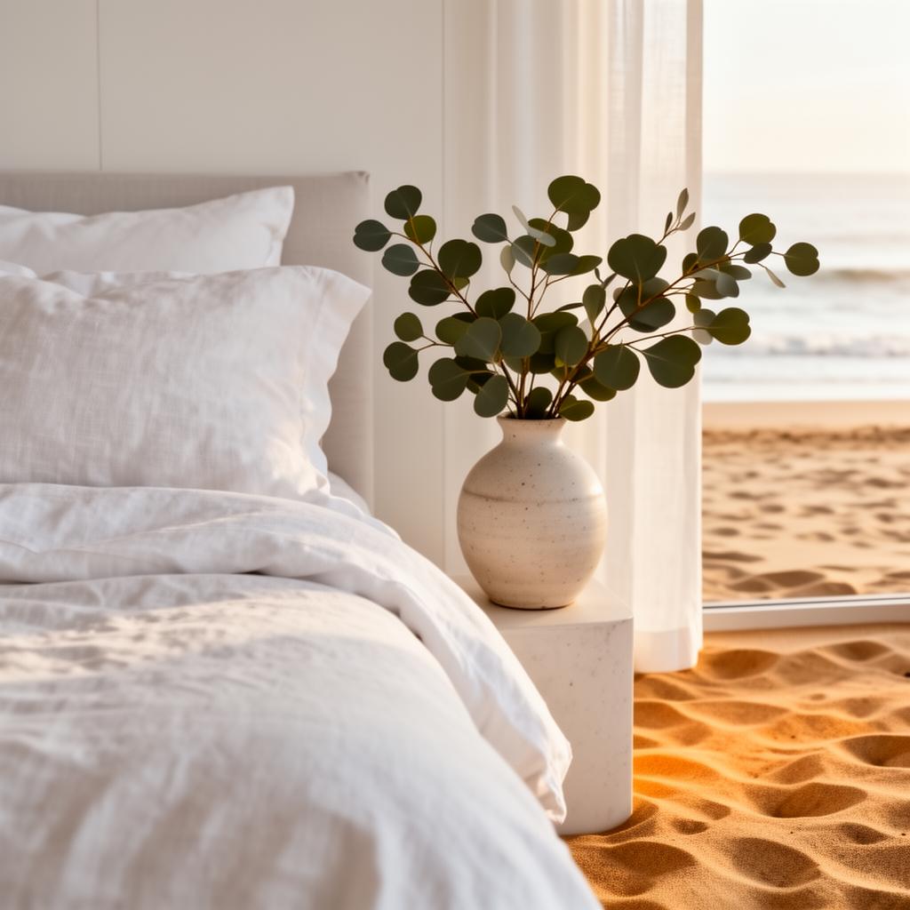 Calm, considered coastal bedroom with natural light